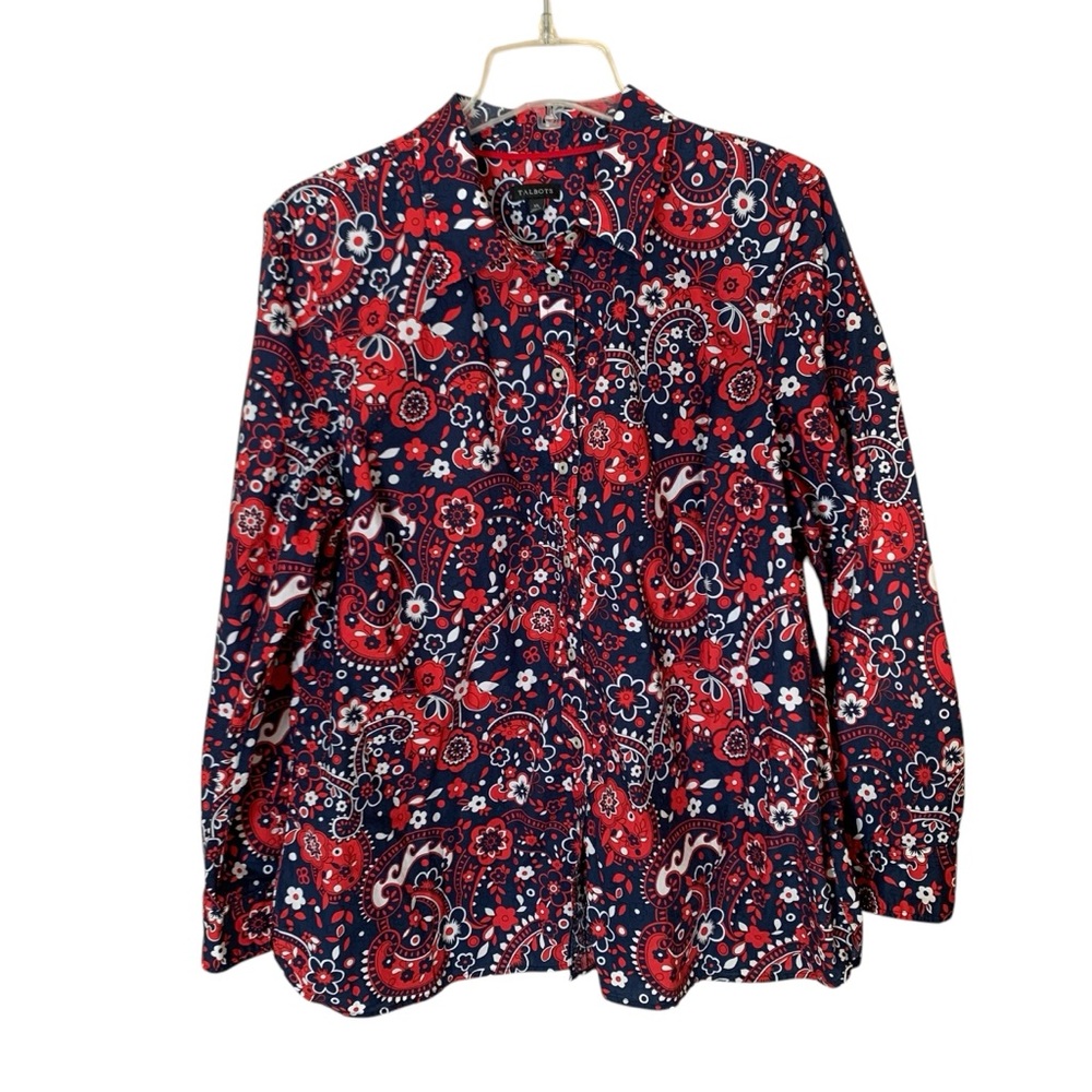 TALBOTS WOMAN SZ.XL CLASSIC COTTON BUTTON DOWN PICNIC PAISLEY NAVY RED SHIRT